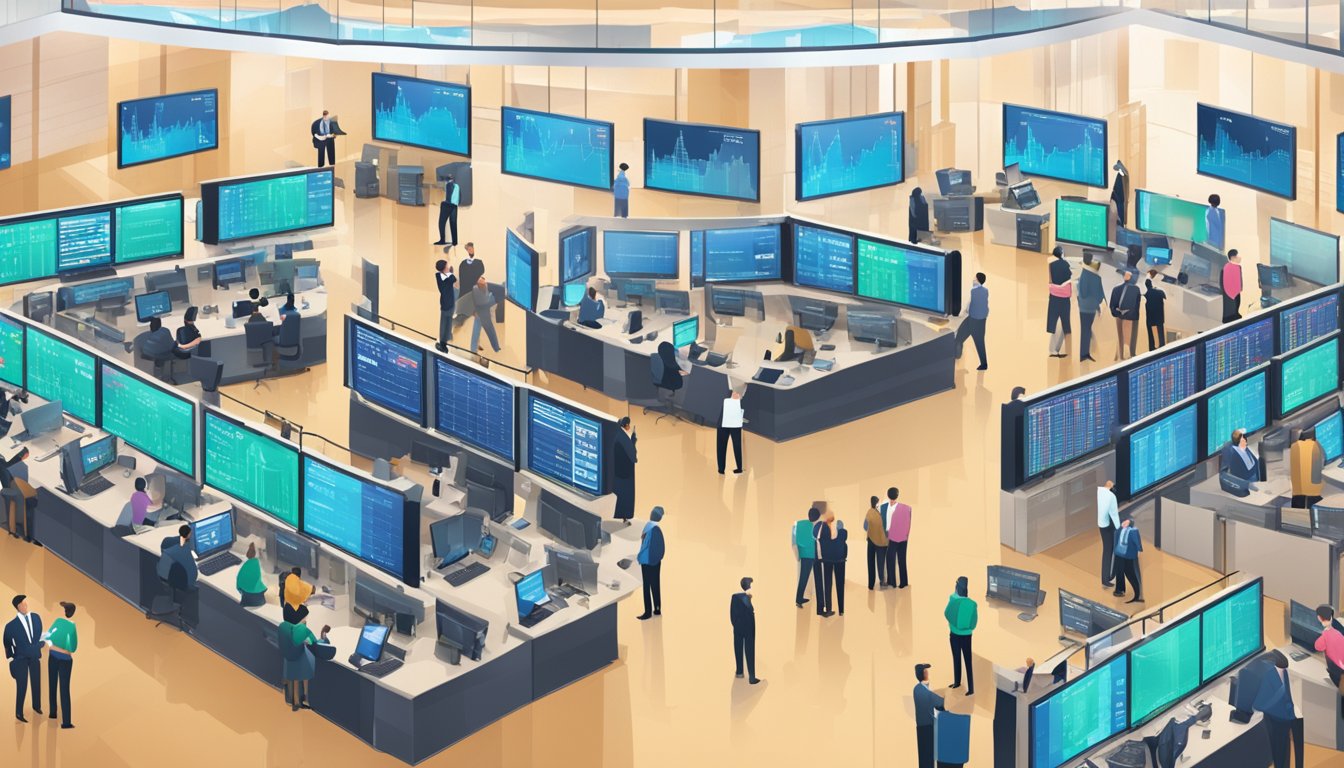 A bustling stock exchange floor with rising graphs and positive news headlines on screens. Iconic brand logos are displayed prominently, signaling market impact