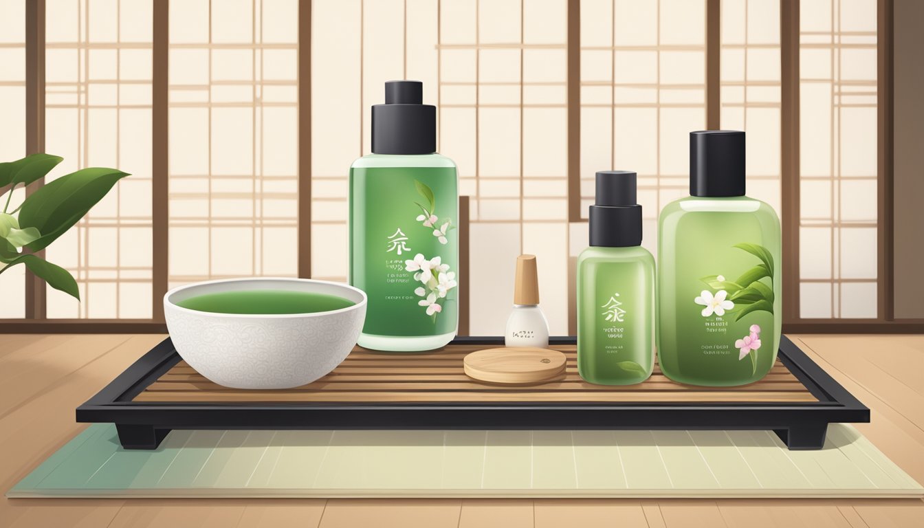 A traditional Japanese tea ceremony with a focus on a Biore product displayed on a wooden tray alongside other Japanese skincare items