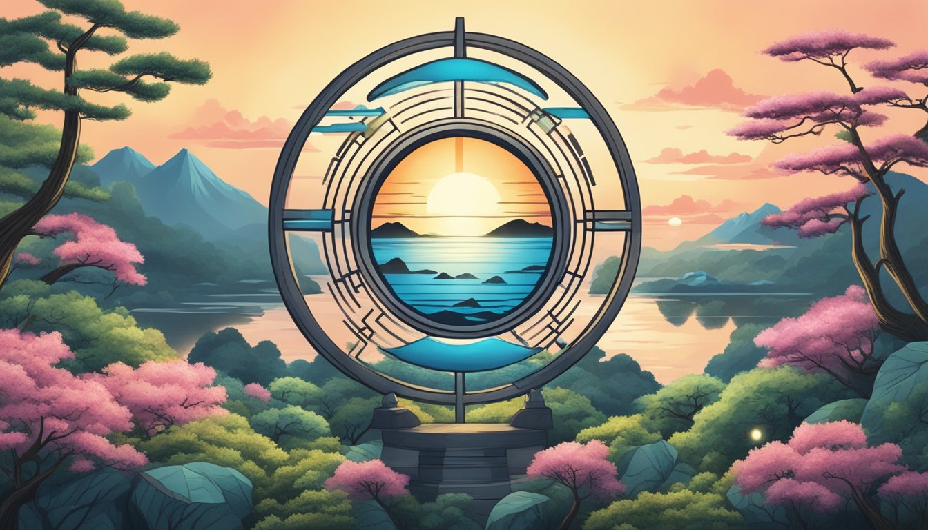 A glowing orb emerges from a Japanese symbol, surrounded by natural elements