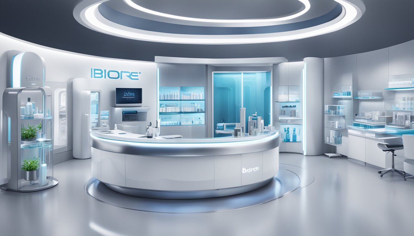 A sleek, modern laboratory with cutting-edge equipment and futuristic skincare products on display. The Biore logo prominently featured
