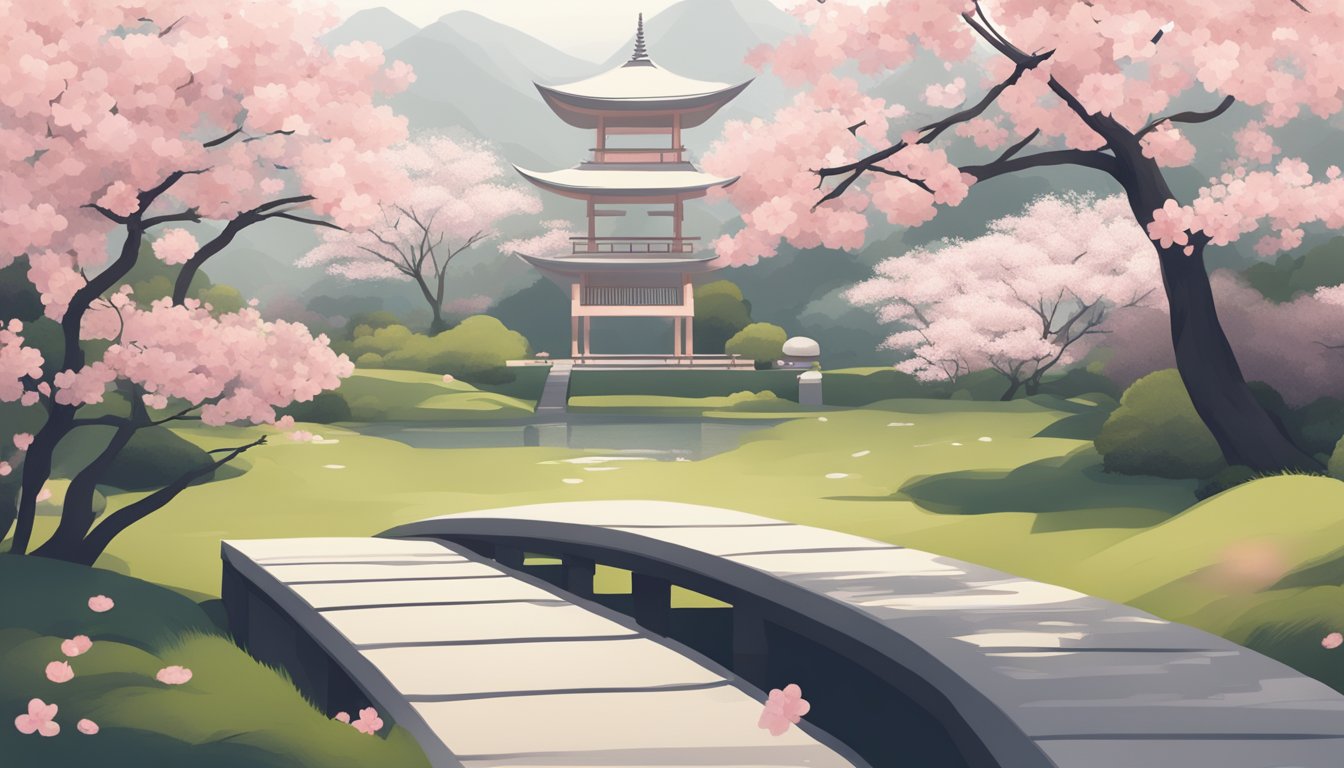A serene Japanese garden with cherry blossoms and minimalist design