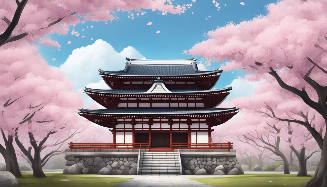 A traditional Japanese temple surrounded by cherry blossom trees with the Biore logo displayed prominently, symbolizing the brand's global presence and cultural impact