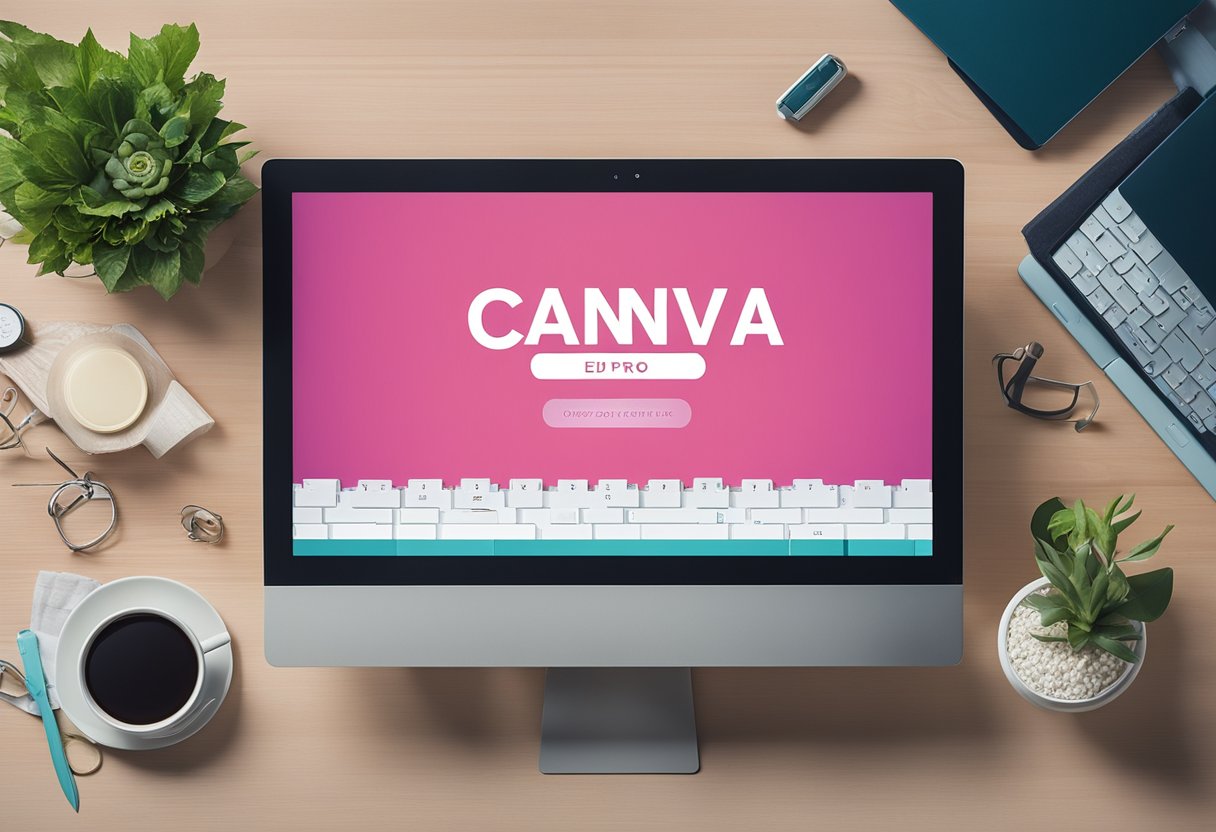 A computer screen displaying the Canva Pro Edu Invite link with a 2024 expiration date, surrounded by digital design tools and creative elements
