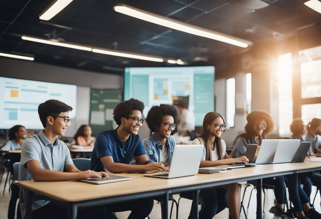 A classroom setting with students using Canva Pro features on their laptops, with educational materials and graphics displayed on the screen