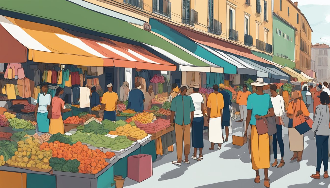 A bustling Italian market with colorful displays of affordable clothing from various Italian brands. Shoppers browse through racks of trendy and stylish garments, while vendors call out prices and promotions