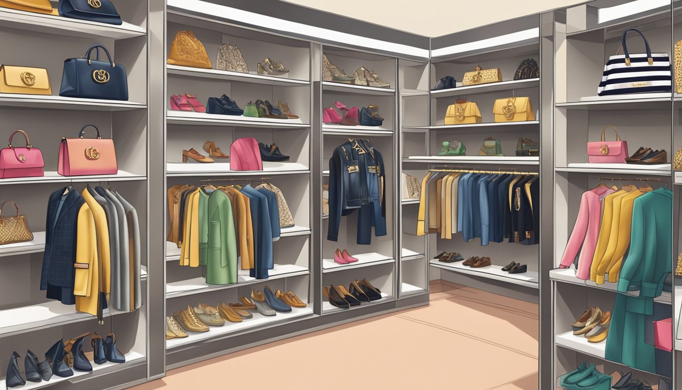 A display of iconic Italian clothing brands, including Gucci, Prada, and Versace, arranged on shelves in a stylish boutique