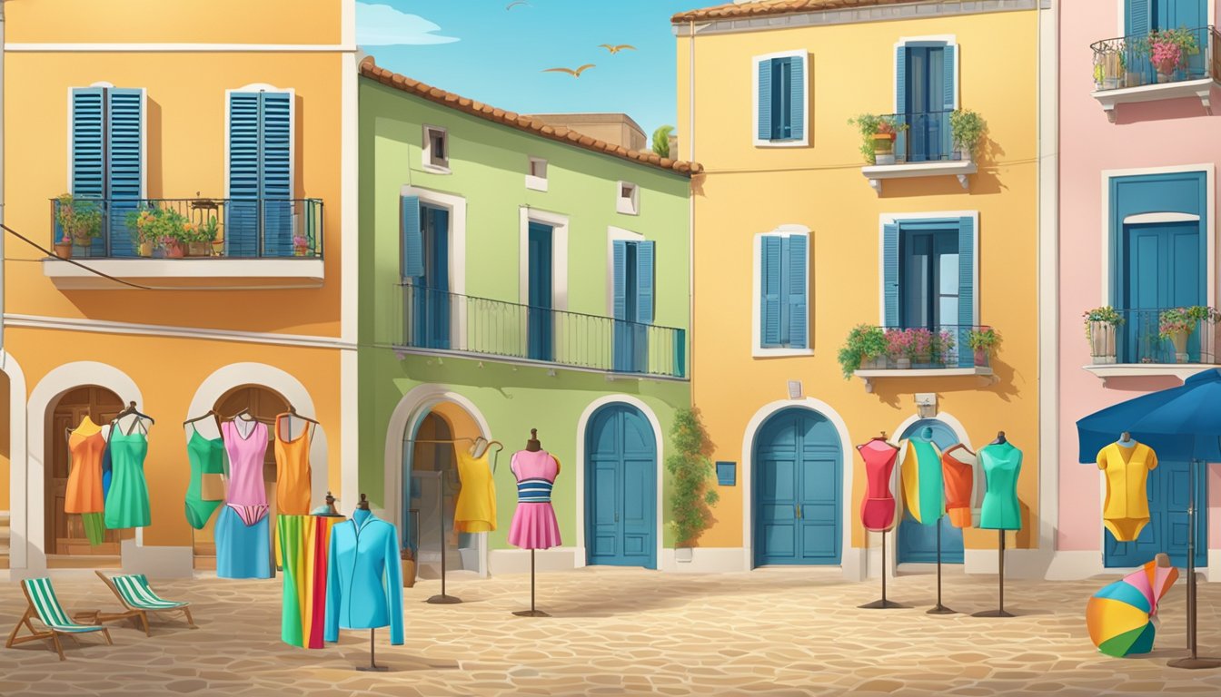 A sandy beach with colorful Italian beachwear and underwear displayed on stylish mannequins. The backdrop is a quaint Italian coastal town with cobblestone streets