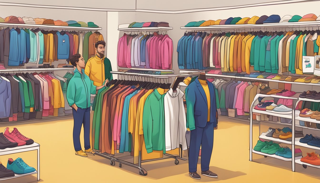 A colorful display of Italian clothing brands with price tags and logos, surrounded by customers browsing and asking questions