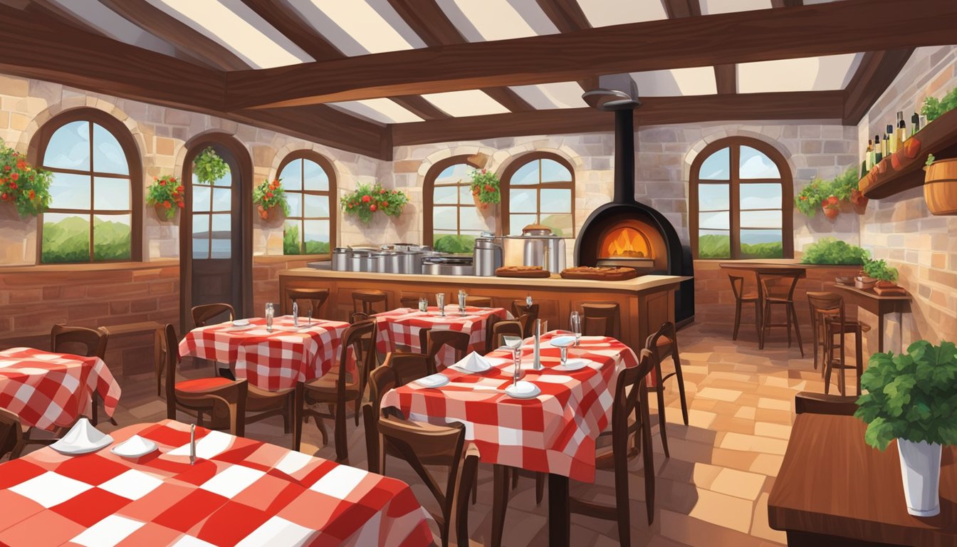A cozy Italian restaurant with red and white checkered tablecloths, wine bottles on display, and a wood-fired oven in the background