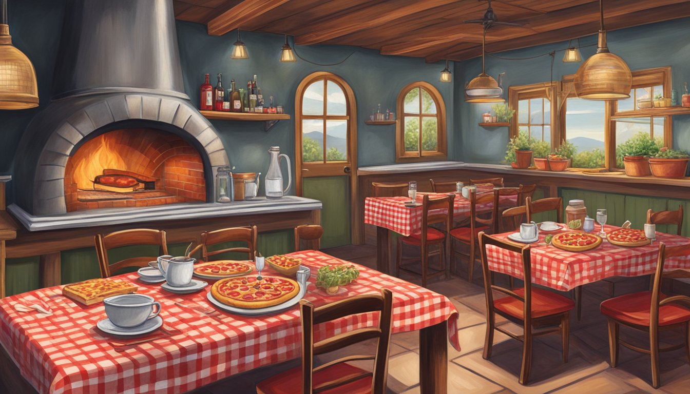 A cozy trattoria with red checkered tablecloths, vintage wine bottles, and a traditional wood-fired pizza oven. A chalkboard menu displays hand-written specials, while the aroma of garlic and tomatoes fills the air