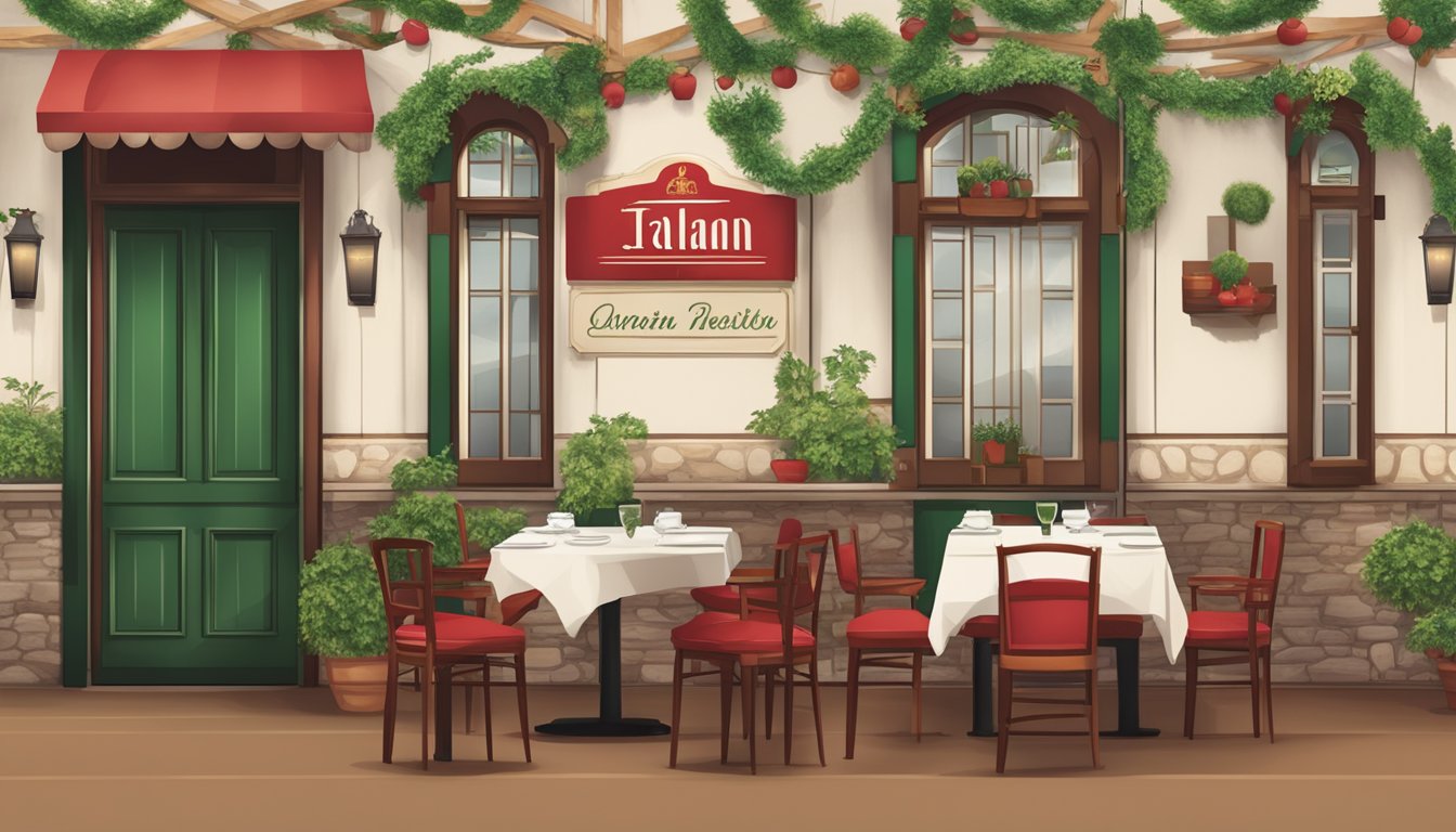 An inviting Italian restaurant with a rustic, cozy atmosphere, featuring a red, green, and white color scheme, traditional Italian patterns, and a modern, elegant logo