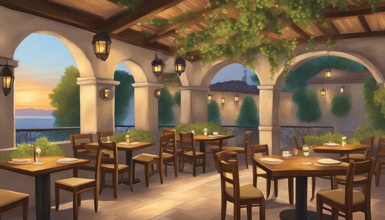 The interior of the Italian restaurant features rustic wooden furniture, warm lighting, and traditional Italian artwork. The exterior showcases a charming outdoor seating area with a vine-covered pergola and a rustic stone façade