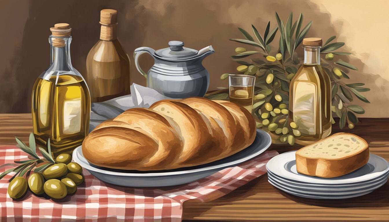 A rustic wooden table adorned with a checkered tablecloth, a bottle of olive oil, and a basket of freshly baked bread. A menu featuring classic Italian dishes sits atop the table