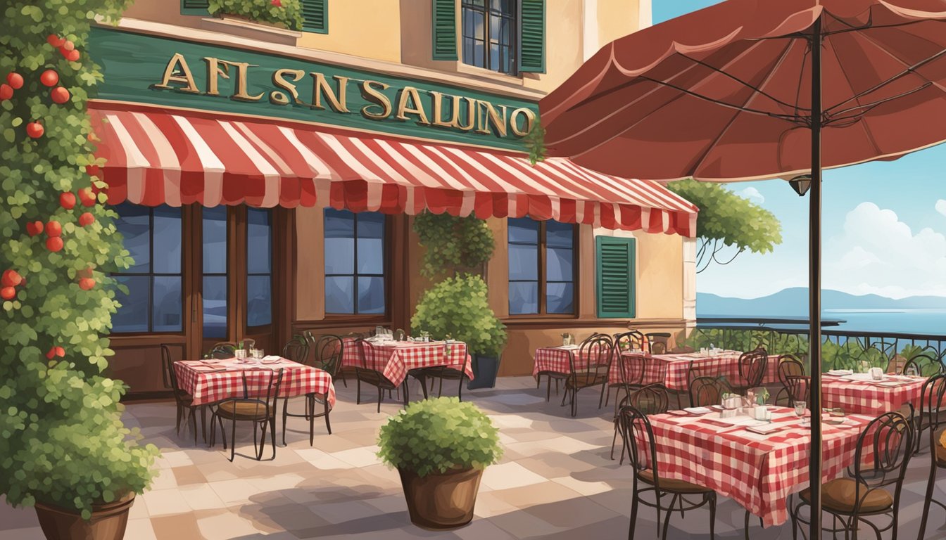 A rustic Italian restaurant with a vine-covered patio, red checkered tablecloths, and a sign with the restaurant's name in elegant script