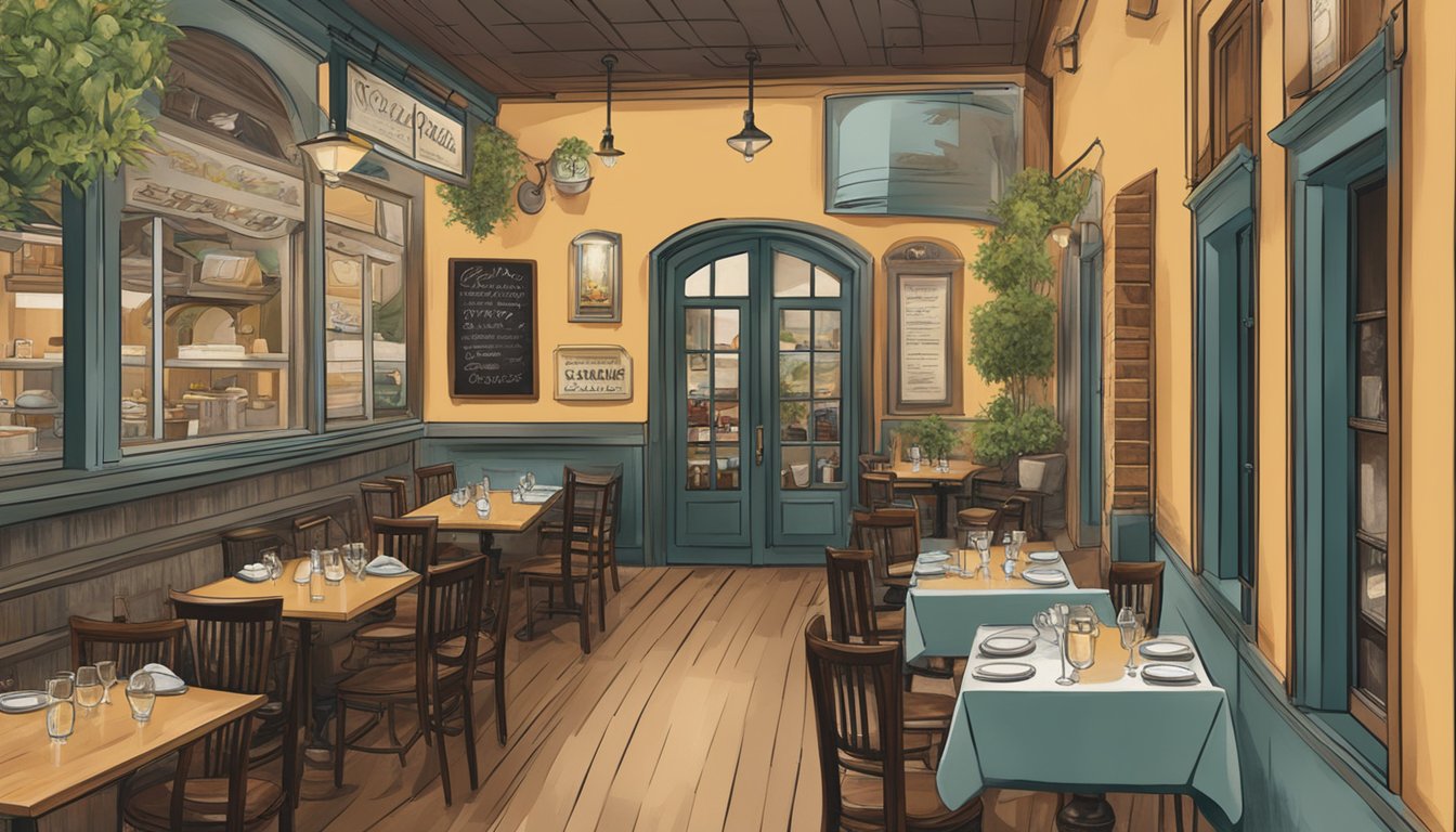 A bustling Italian restaurant with a warm, inviting atmosphere. A chalkboard menu lists popular dishes. The restaurant's logo is prominently displayed on the front window