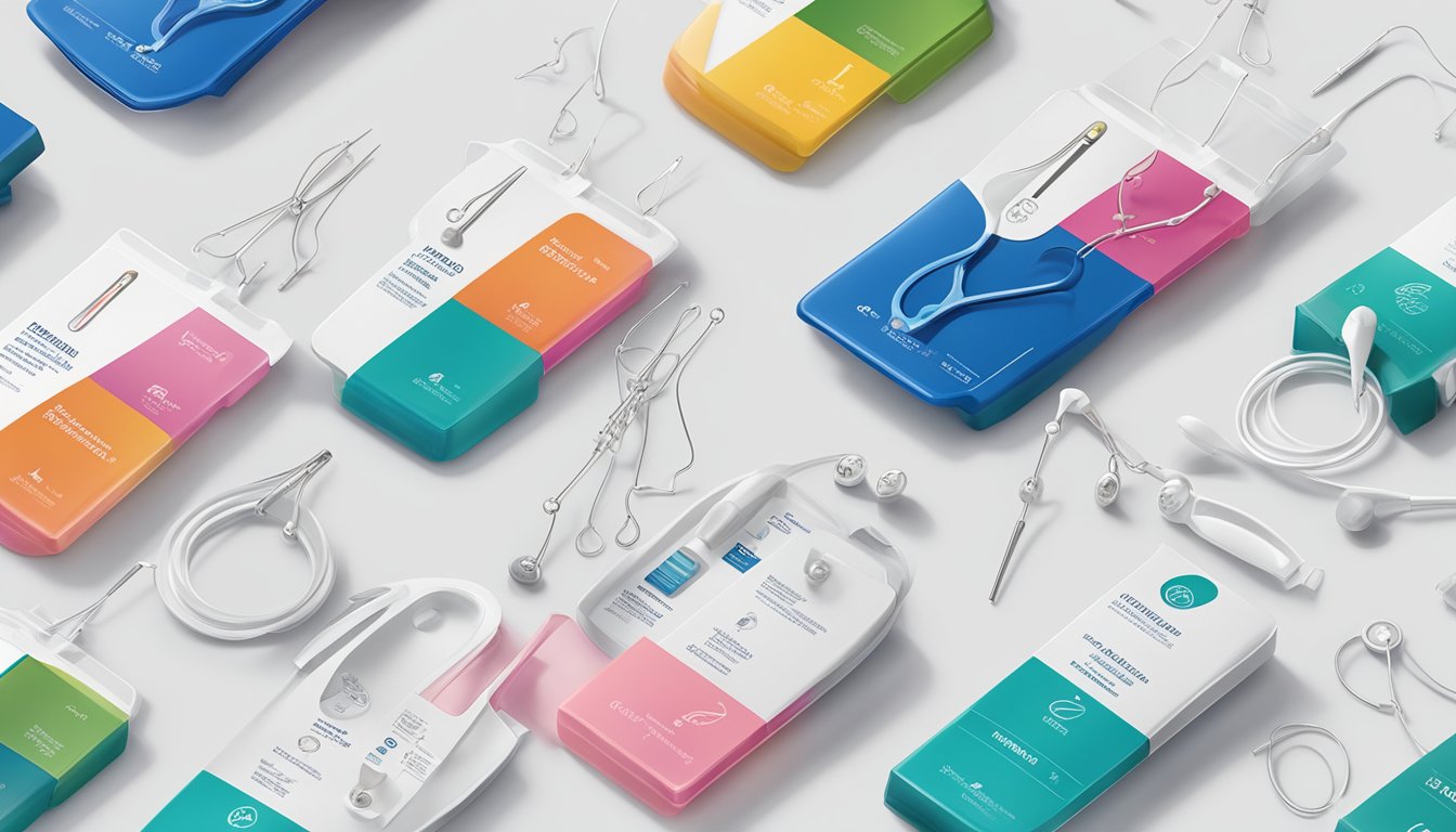 Various IUD brands displayed on a clean, white surface with their distinct packaging and labeling