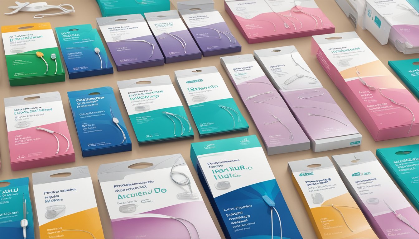 A variety of IUD brands displayed on a table with clear labels and packaging