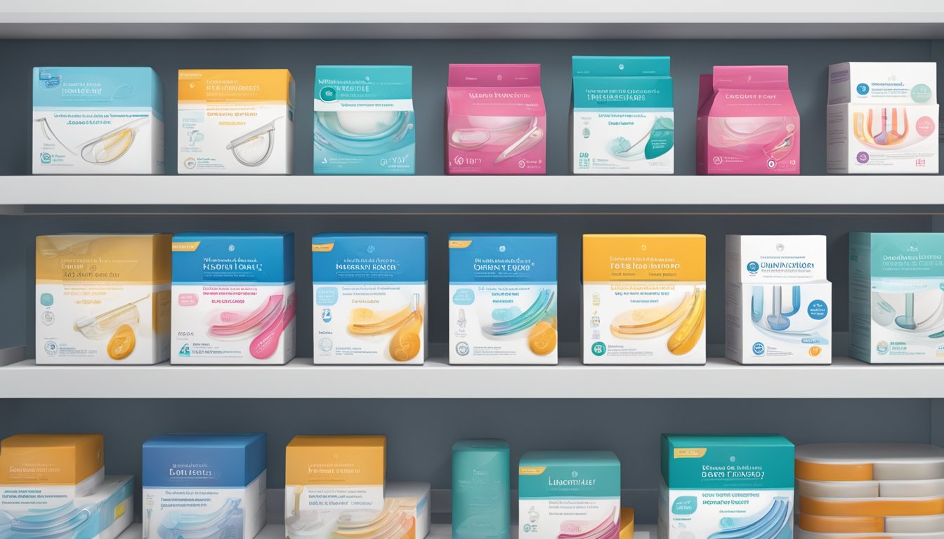 Various IUD brands displayed on a shelf in a doctor's office. Bright packaging and clear labels