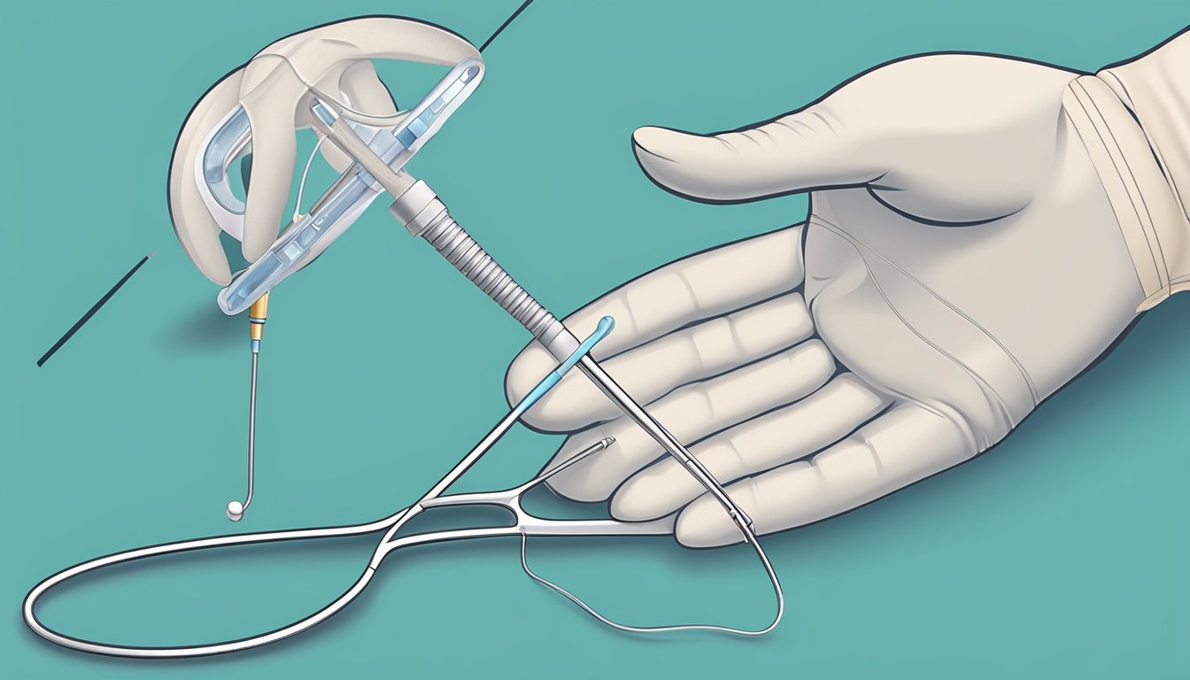 A gloved hand holds an IUD applicator. A uterus is shown in cross-section, with the IUD being inserted and removed. Brand logos are visible on the applicator