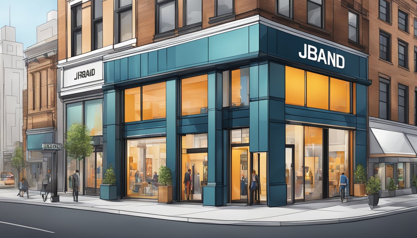 A modern storefront with bold J Brand logo, surrounded by bustling city streets