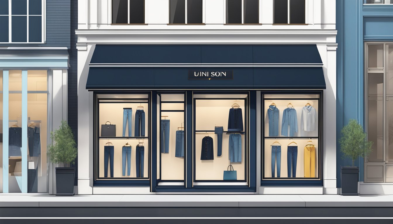 A sleek, modern storefront with bold signage and clean lines. Display windows showcase trendy denim and stylish clothing
