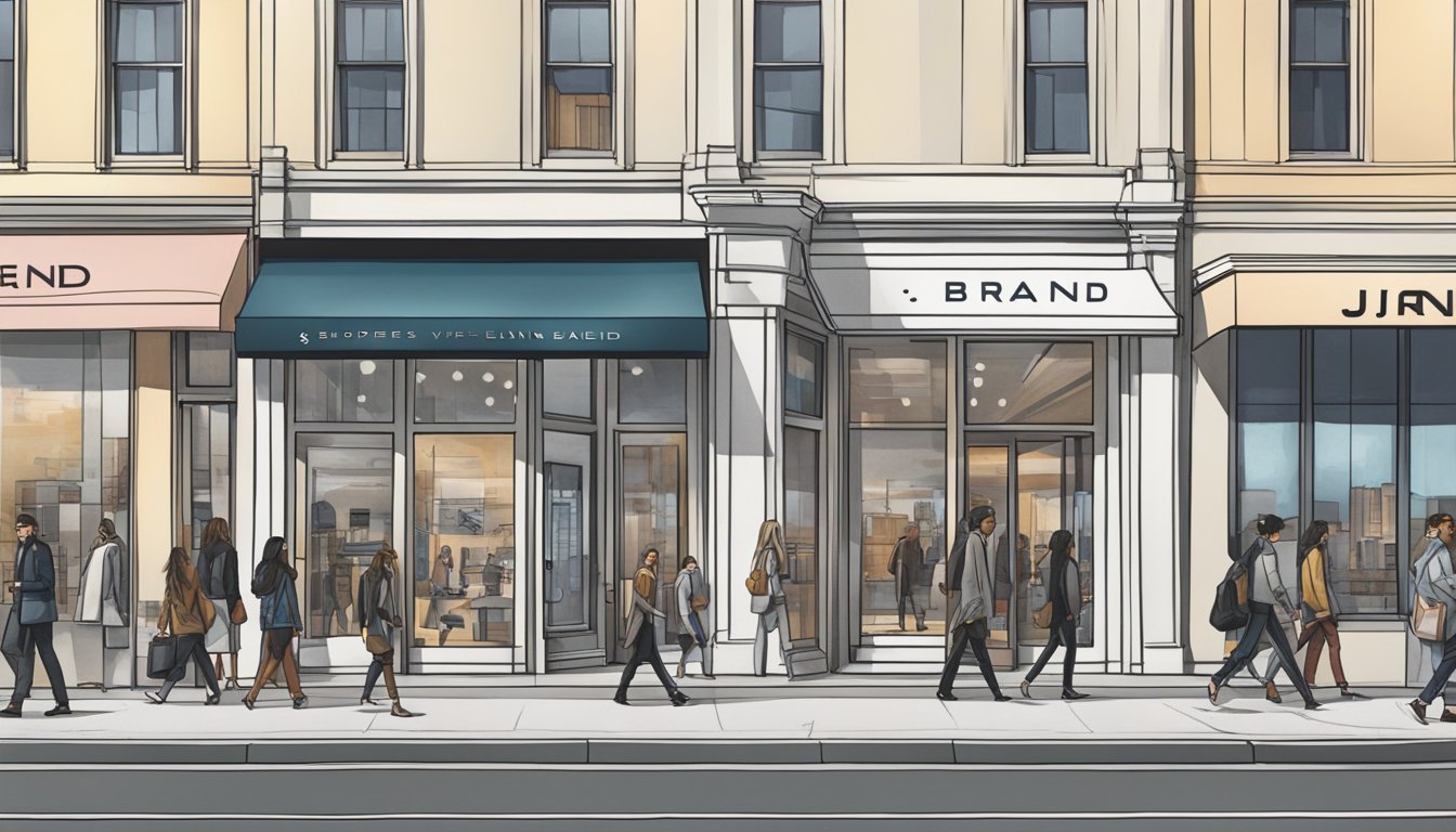 A bustling city street with a modern storefront labeled "j brand." Shoppers walk by, and the store's clean, sleek design stands out against the surrounding buildings
