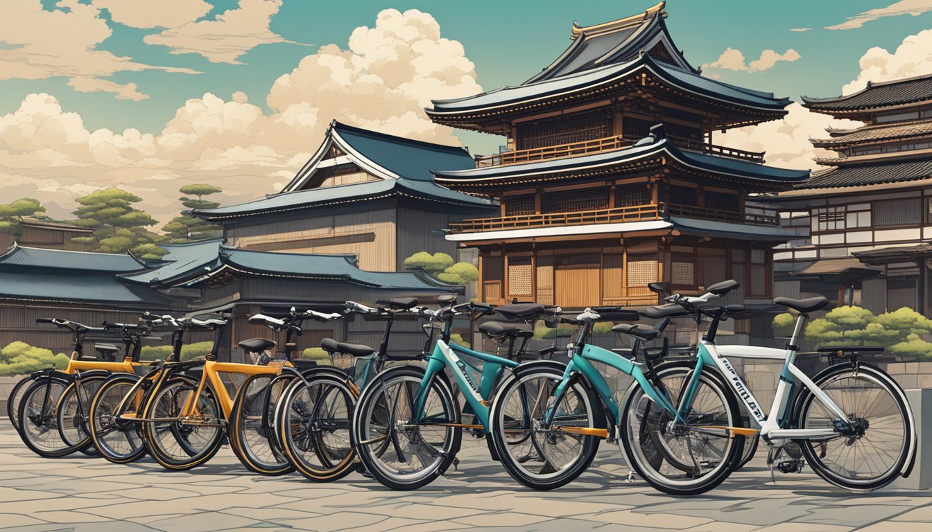 A row of sleek, modern folding bikes from top Japanese brands lined up against a backdrop of traditional Japanese architecture