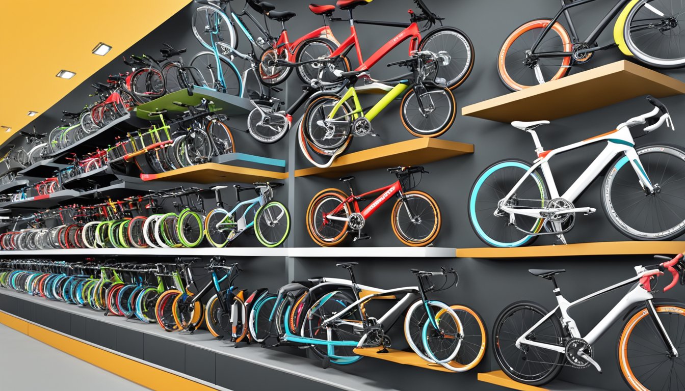 A group of top Japanese folding bike brands lined up neatly in a modern bike shop, showcasing their sleek designs and innovative features