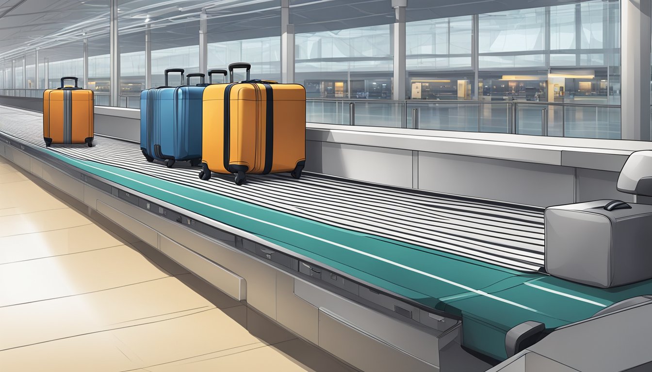 A sleek Japanese brand luggage bag sits on a clean, modern airport conveyor belt