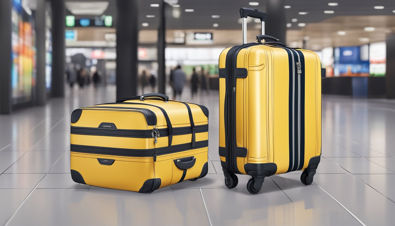 A Japanese brand luggage bag is displayed in various international locations, showcasing its global influence and availability