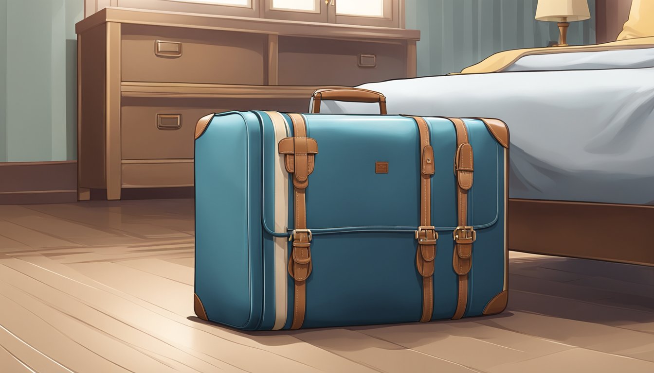 A Japanese brand luggage bag sits on a clean, clutter-free floor at home. It is being gently wiped down with a soft cloth to remove dust and dirt, ensuring it stays in pristine condition