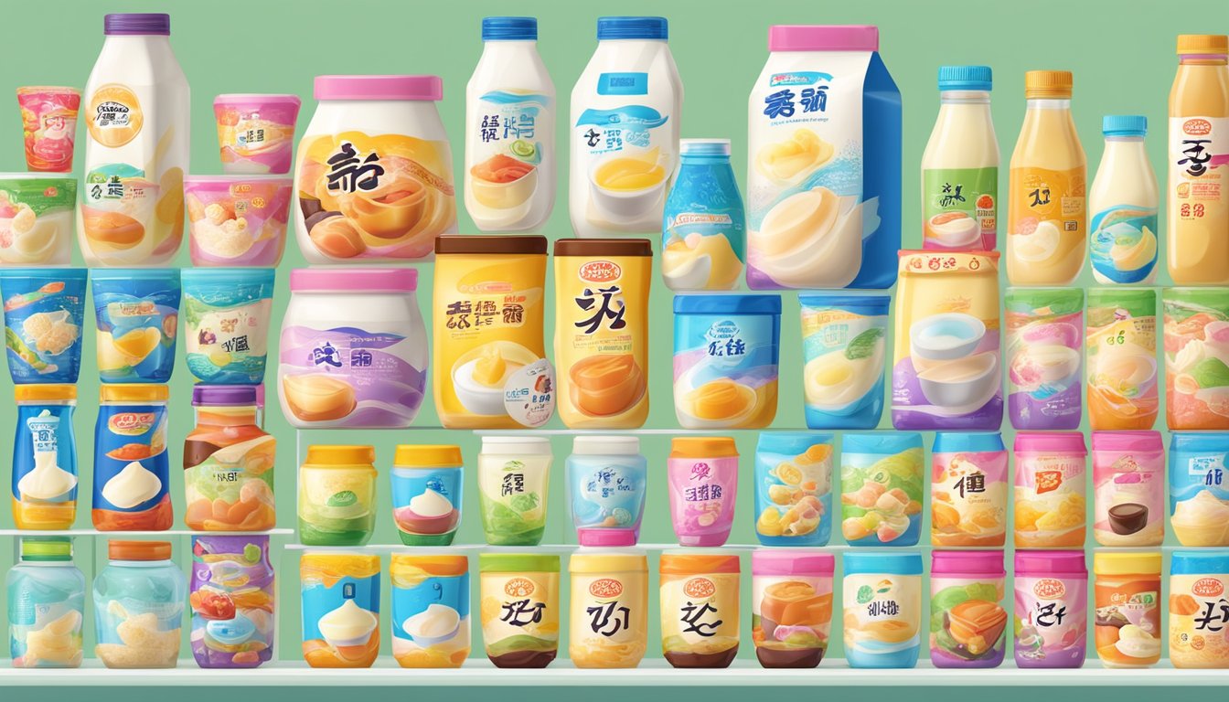 A table filled with various Japanese milk pudding brands in colorful packaging and different shapes