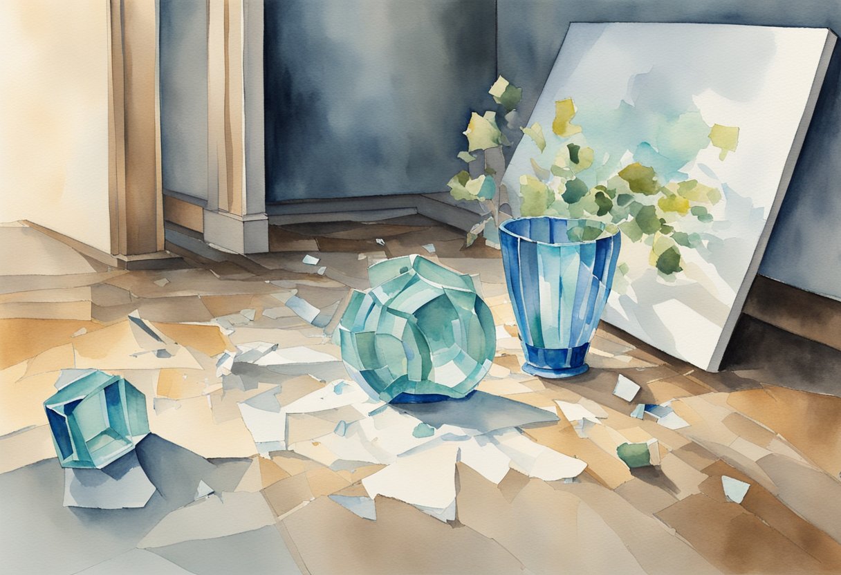 A broken vase lies on the floor, surrounded by shattered glass. A chair is overturned, and a cracked picture frame hangs crooked on the wall
