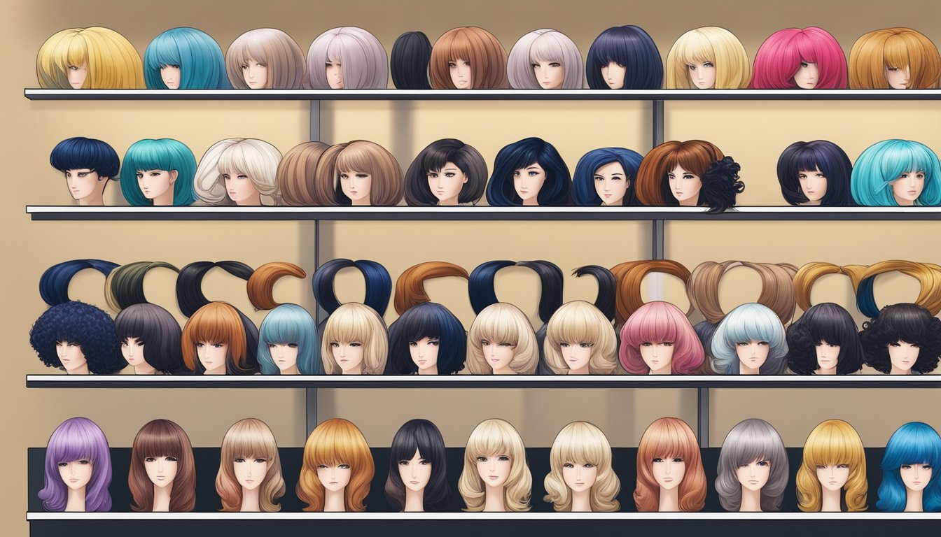 Various wigs displayed on shelves, showcasing different styles and colors. Japanese brand logos visible