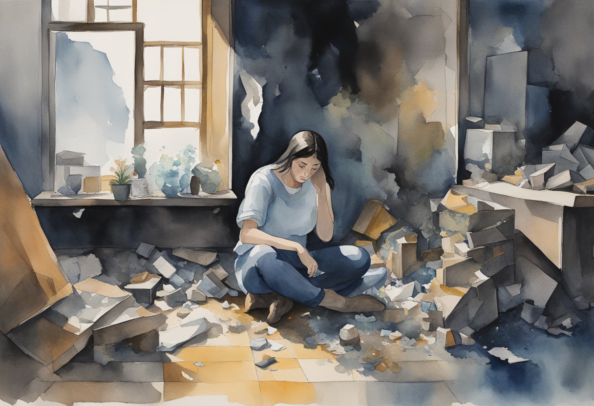 A woman cowers in a corner, surrounded by broken objects. A man looms over her, his fists clenched. The room is dark and chaotic
