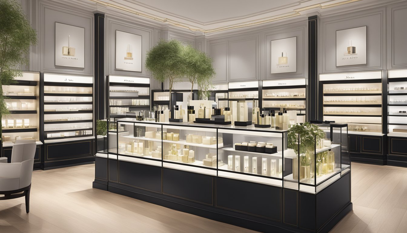 An elegant display of Jo Malone products in a boutique setting, with soft lighting and minimalist decor