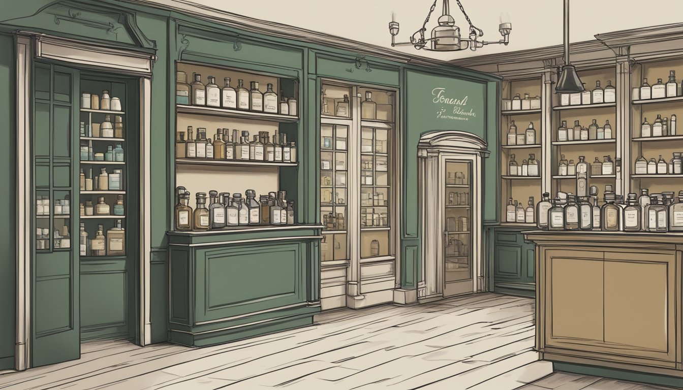 A vintage apothecary shop with elegant, minimalist branding. A signature scent bottle displayed prominently. Subtle nods to British heritage