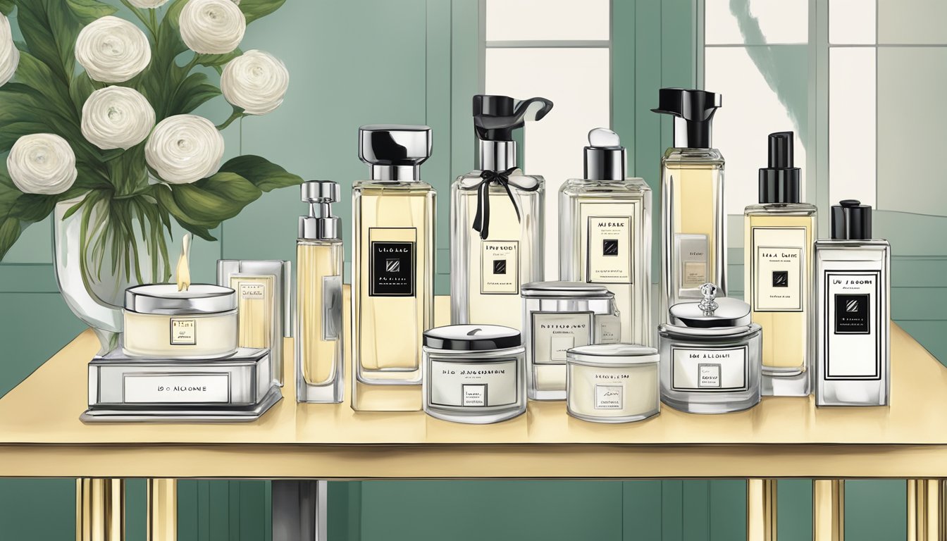 A table displays a variety of Jo Malone products, including fragrances, candles, and skincare items. The brand's logo is prominently featured, and the products are arranged neatly for a clean and professional look