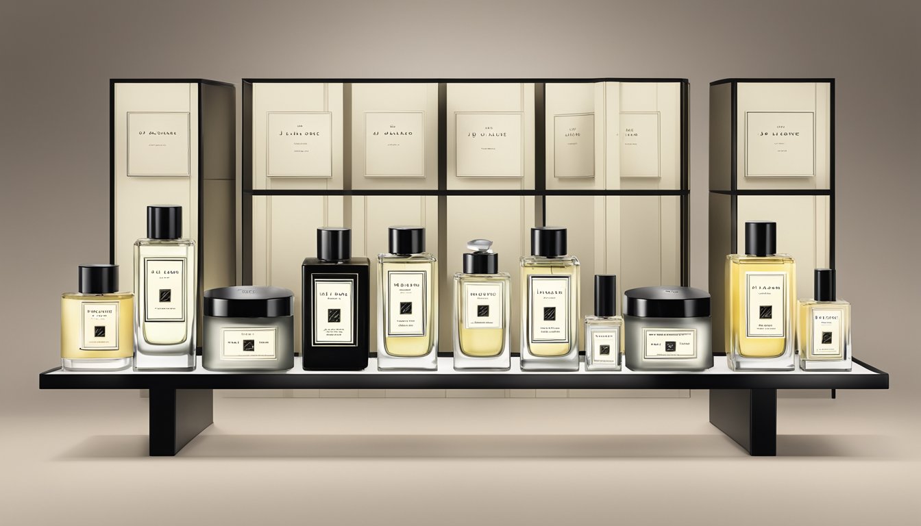 A display of Jo Malone products arranged on a sleek, minimalist shelf with soft, natural lighting highlighting the elegant packaging and luxurious scents
