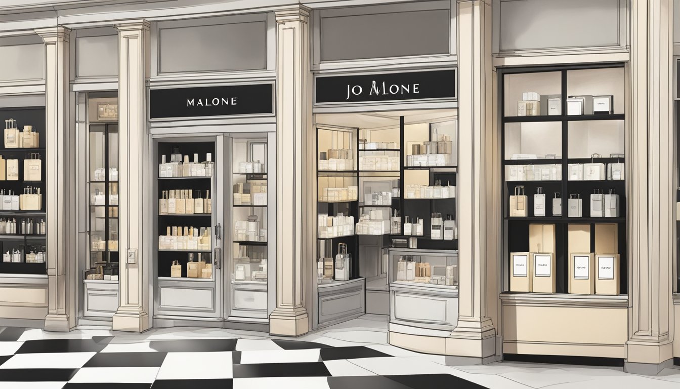 The Jo Malone brand logo is surrounded by elegant product packaging, with a mix of vibrant and neutral colors. The display is set against a backdrop of a sophisticated and modern retail environment