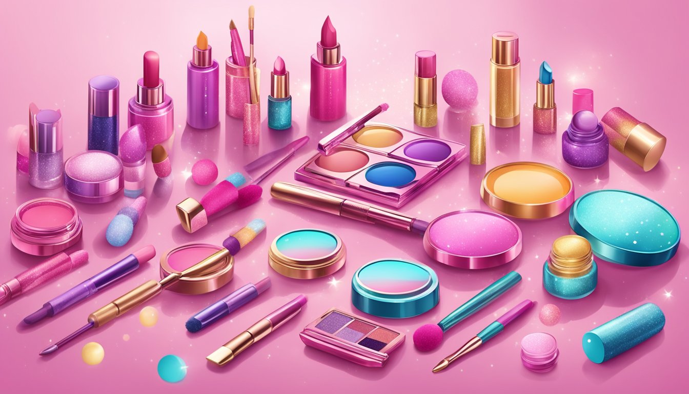 Colorful kids makeup products arranged on a sparkly, pink table with glittery packaging and playful designs