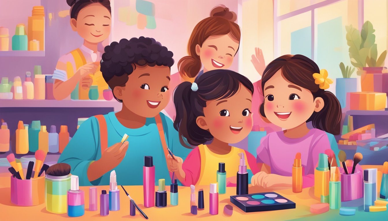 A group of children happily playing with non-toxic, brightly colored makeup products, while a parent or caregiver watches closely to ensure safety