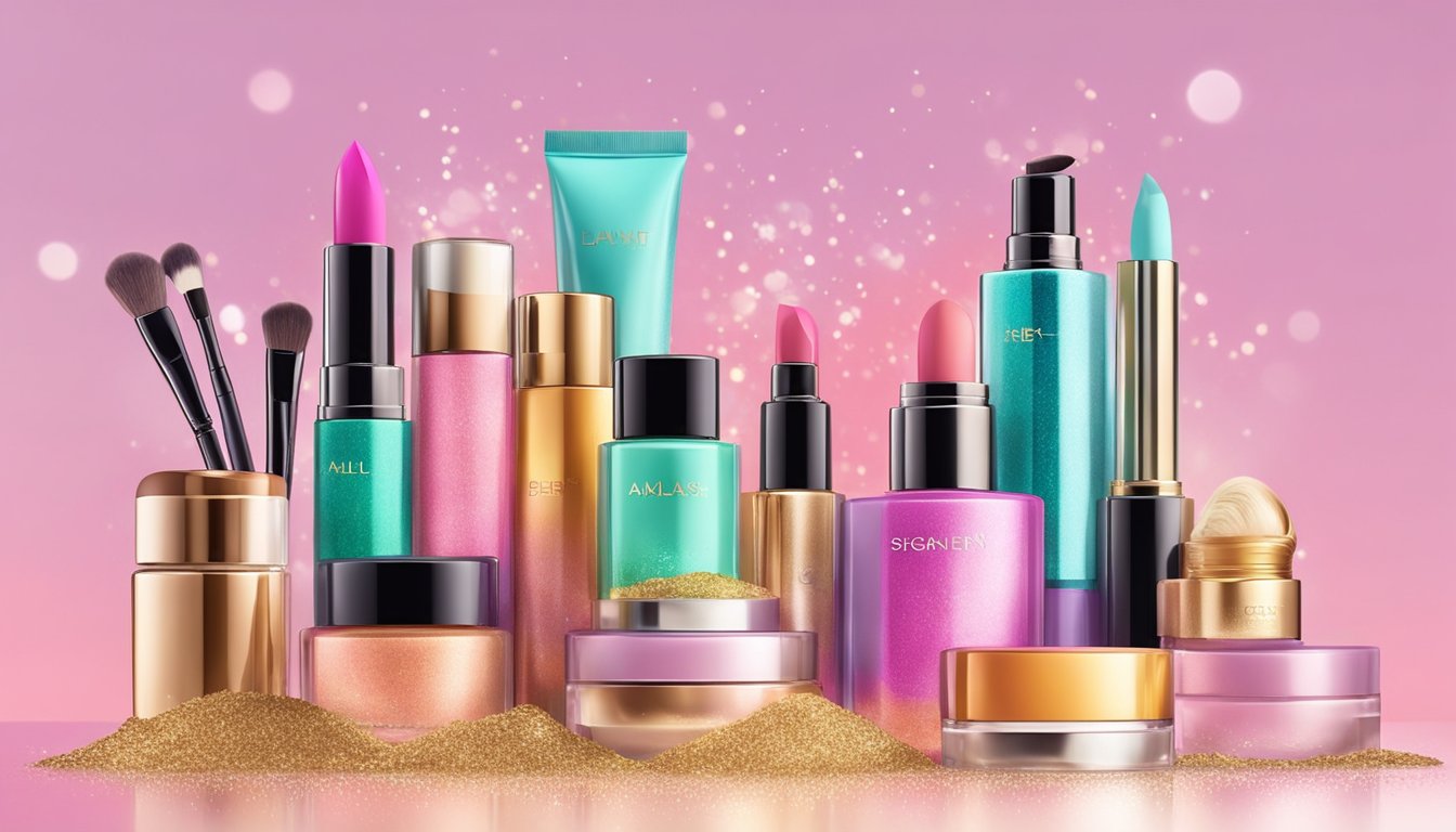 Colorful makeup products arranged on a sparkly, pastel-colored display. Brand logos and vibrant packaging catch the eye, creating a fun and playful atmosphere