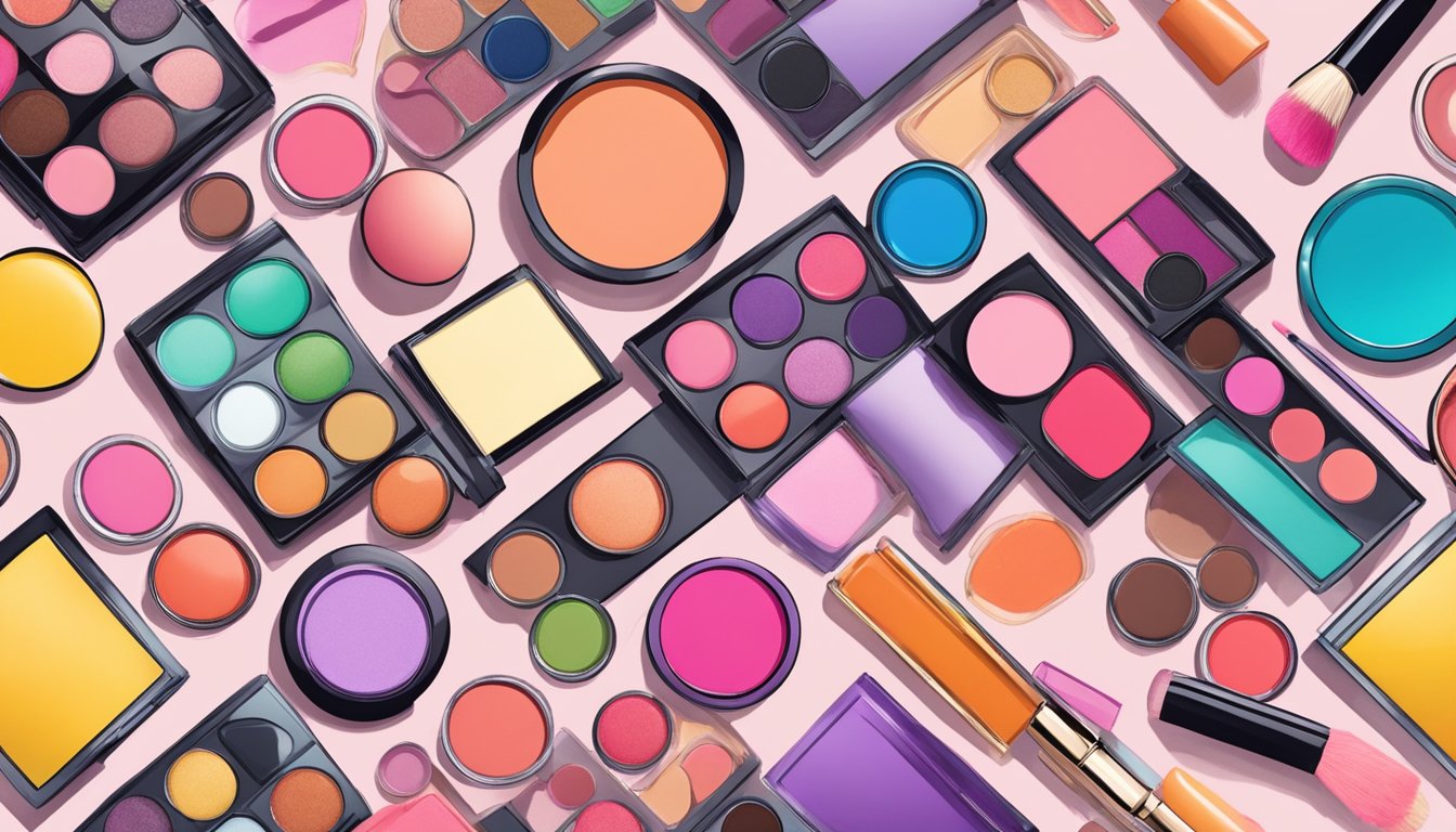 A colorful array of kid-friendly makeup products arranged neatly on a table, including playfully designed eyeshadow palettes, shimmering lip glosses, and bright blush compacts