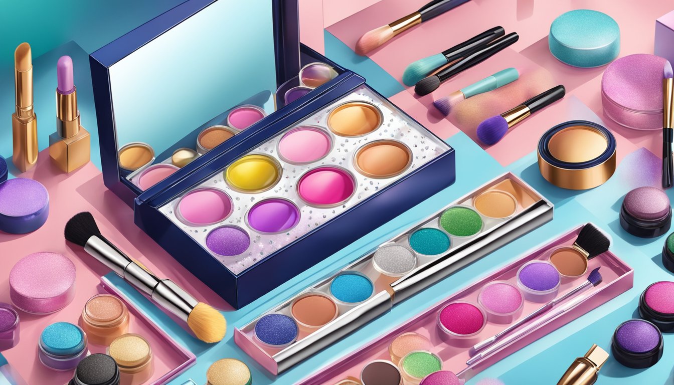 A colorful array of kids' makeup products arranged on a sparkly vanity, with brushes, glitter, and playful packaging