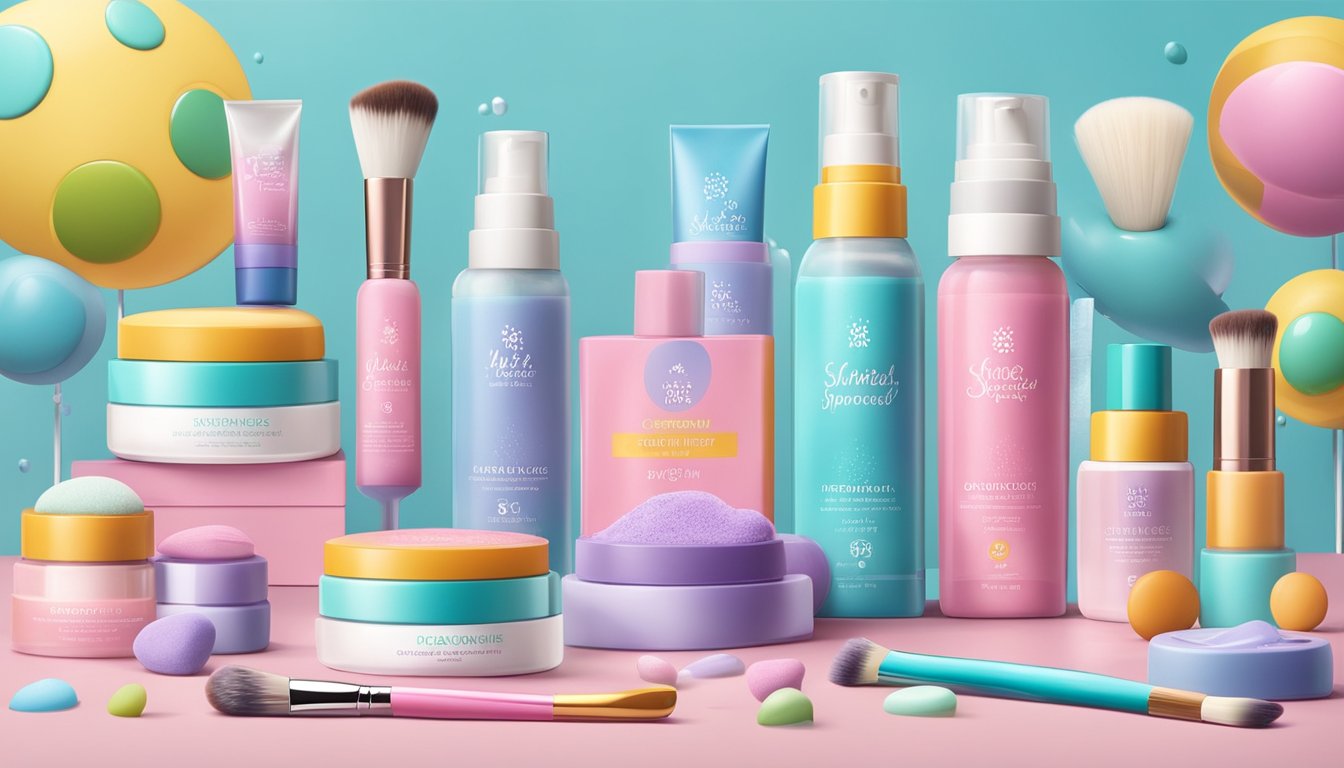 A table displays skincare and makeup products for kids, with colorful packaging and playful designs. Brushes and sponges are neatly arranged beside the products