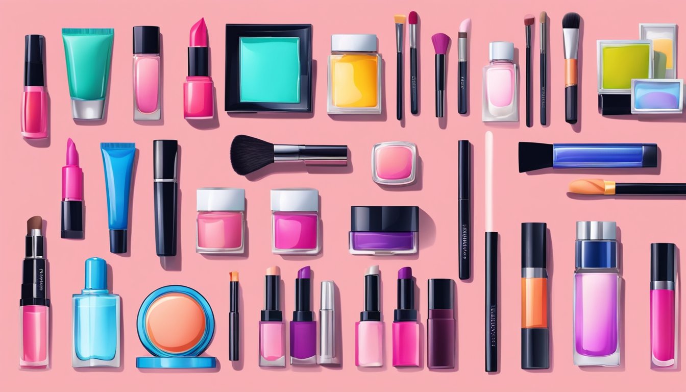A colorful array of makeup products arranged on a table, with child-friendly packaging and vibrant colors, suitable for different age groups