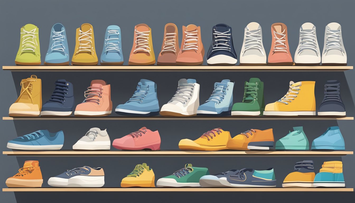Various kitchen shoe brands lined up on a clean, well-lit shelf. Each pair is neatly displayed, showcasing their different designs and colors