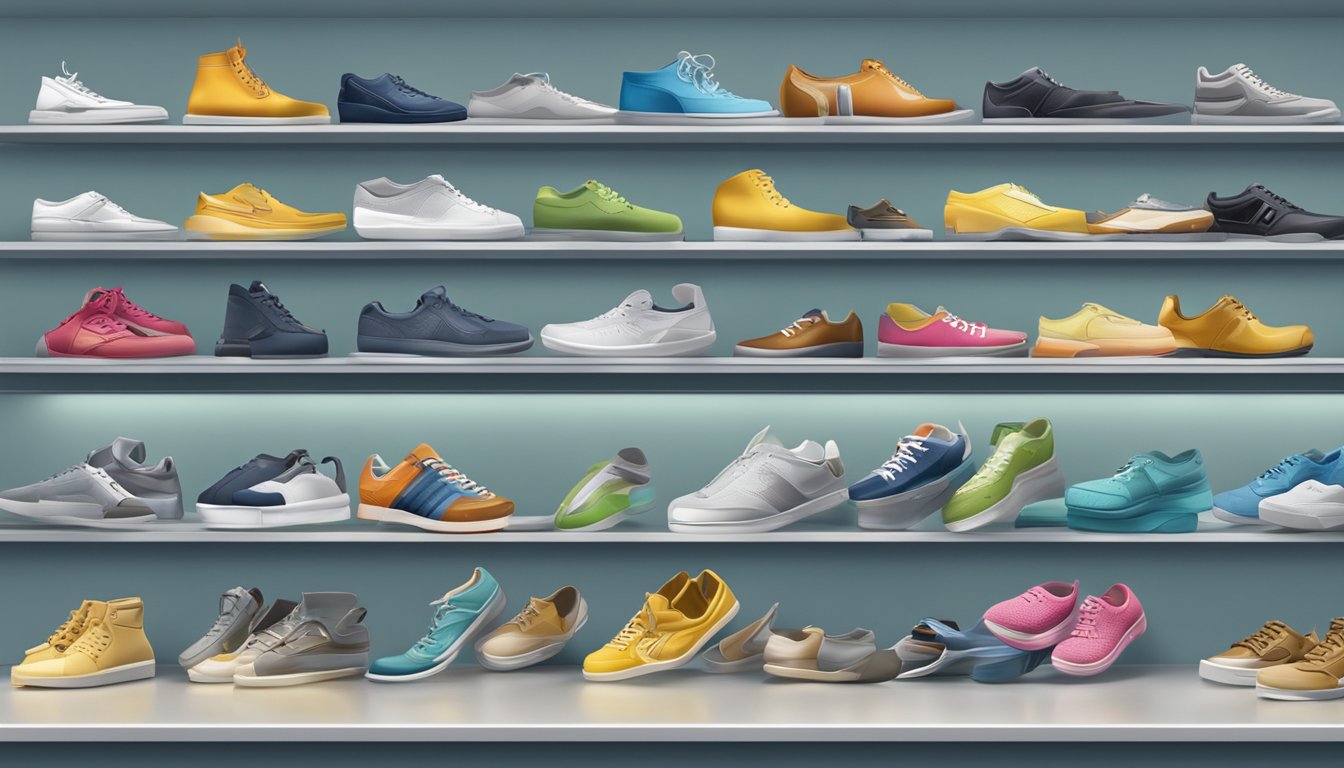 Various top kitchen shoe brands displayed on a clean, organized shelf. Bright lighting highlights the details of each shoe