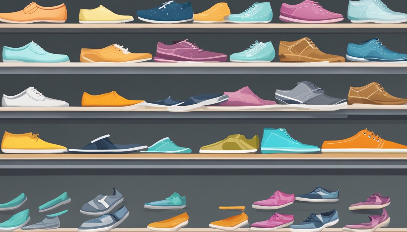A row of non-slip, durable kitchen shoes in various colors and styles displayed on shelves in a well-lit store